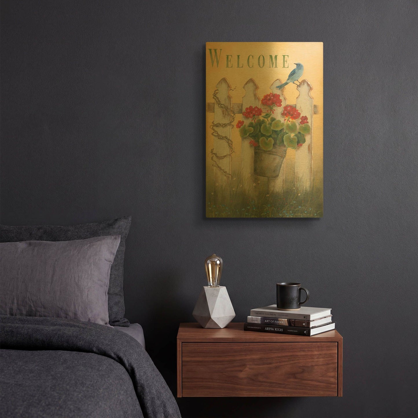 'Geraniums & Pickets' By Pam Britton Gold Metal Wall Art
