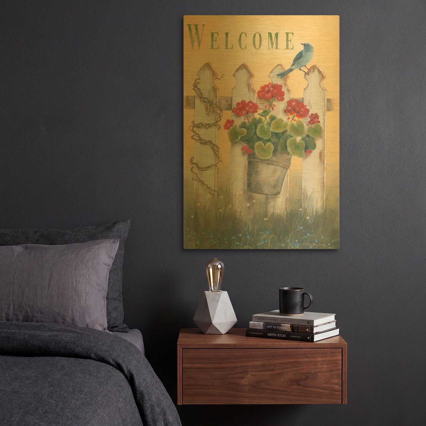 'Geraniums & Pickets' By Pam Britton Gold Metal Wall Art