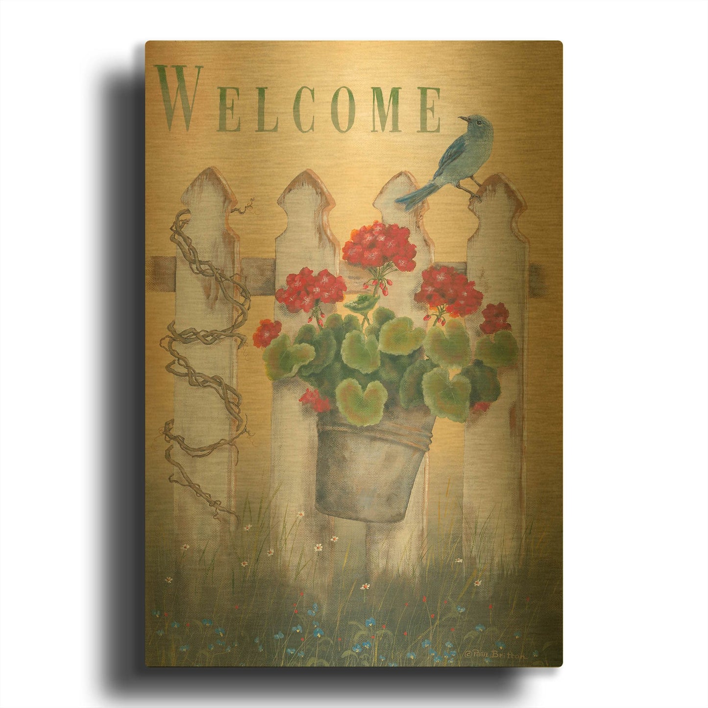 'Geraniums & Pickets' By Pam Britton Gold Metal Wall Art