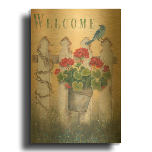 'Geraniums & Pickets' By Pam Britton Gold Metal Wall Art