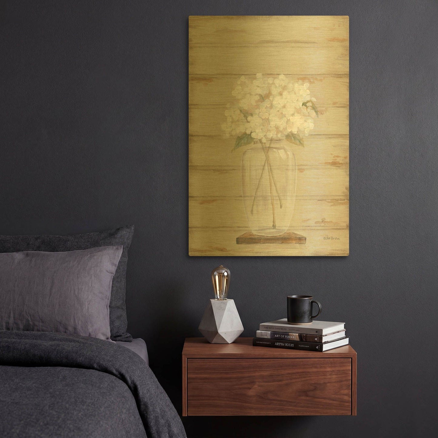 'Hydrangeas in Vase' By Pam Britton Gold Metal Wall Art