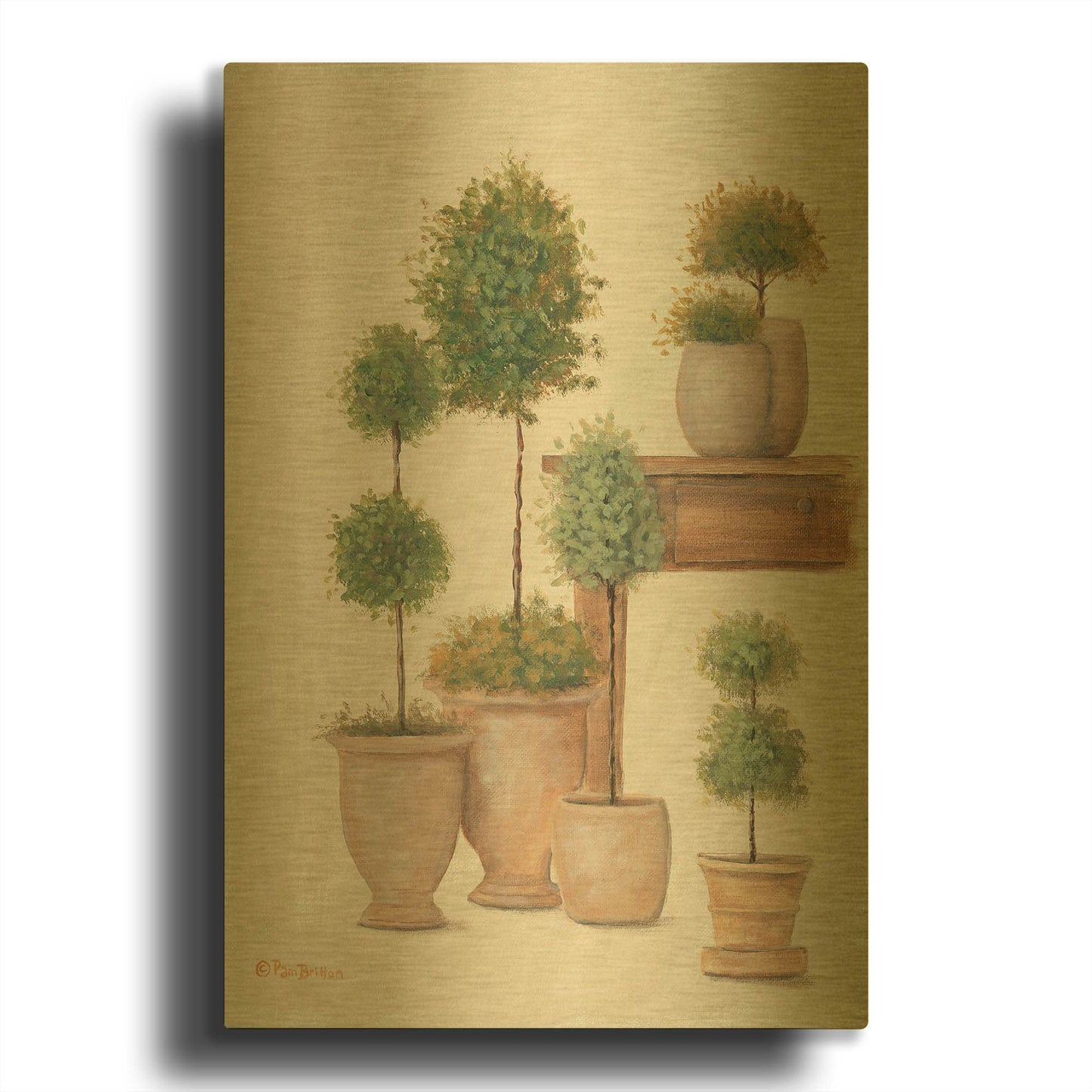 'Potting Bench & Topiaries I' By Pam Britton Gold Metal Wall Art