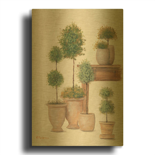'Potting Bench & Topiaries I' By Pam Britton Gold Metal Wall Art