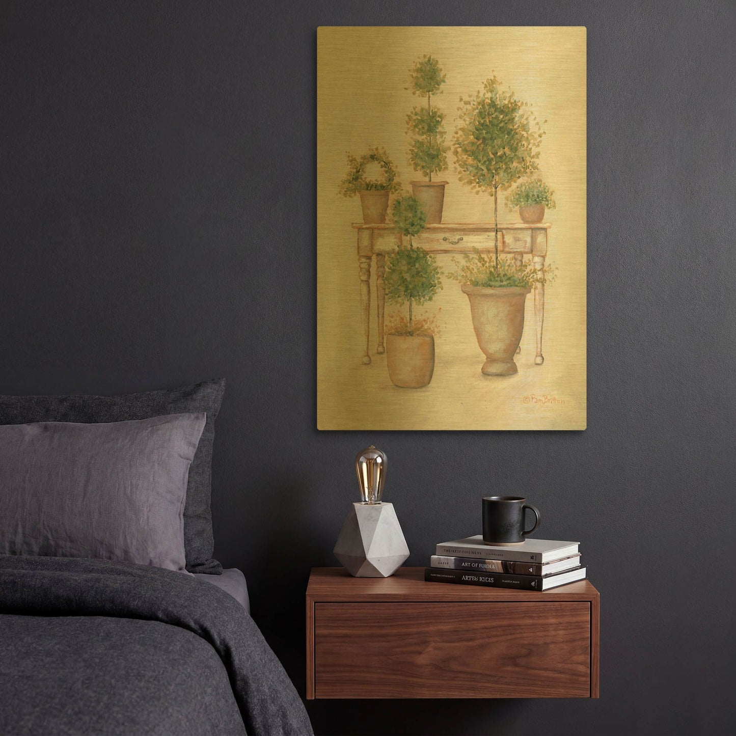 'Potting Bench & Topiaries II' By Pam Britton Gold Metal Wall Art