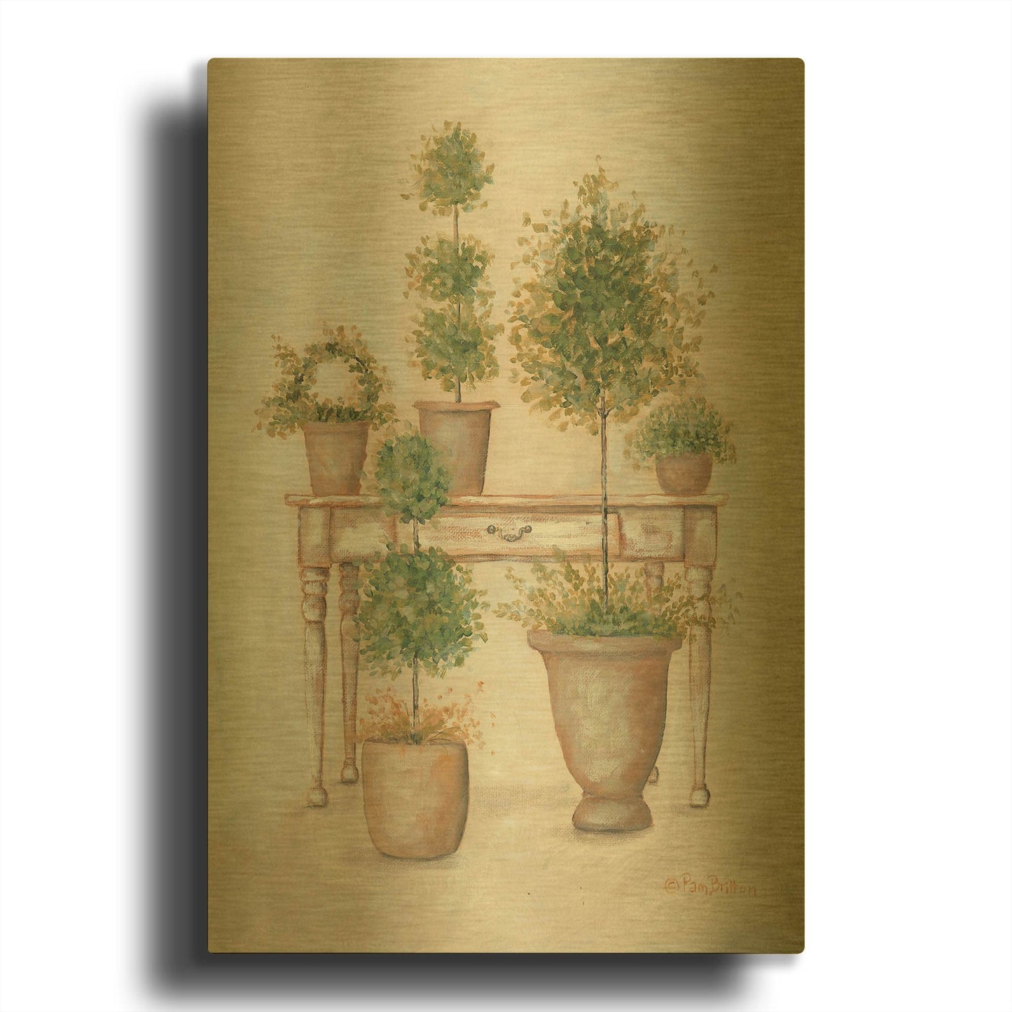 'Potting Bench & Topiaries II' By Pam Britton Gold Metal Wall Art