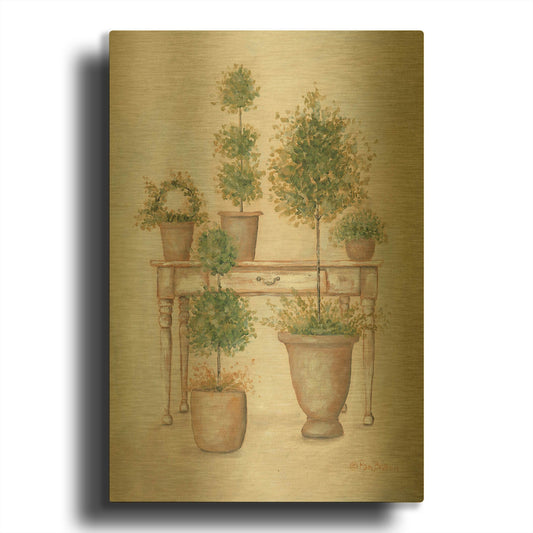 'Potting Bench & Topiaries II' By Pam Britton Gold Metal Wall Art