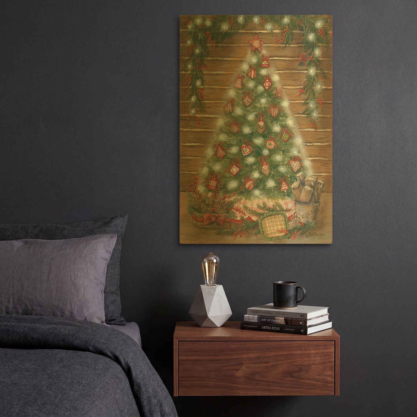 'A Log Cabin Christmas' By Pam Britton Gold Metal Wall Art