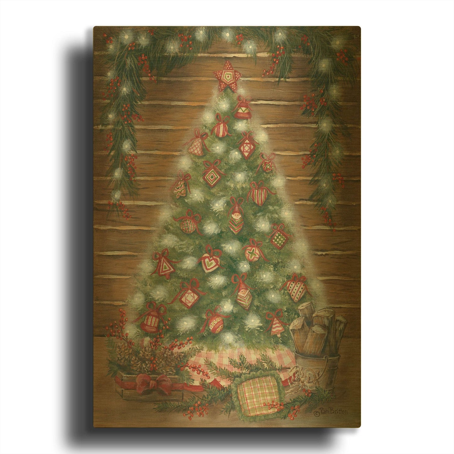 'A Log Cabin Christmas' By Pam Britton Gold Metal Wall Art
