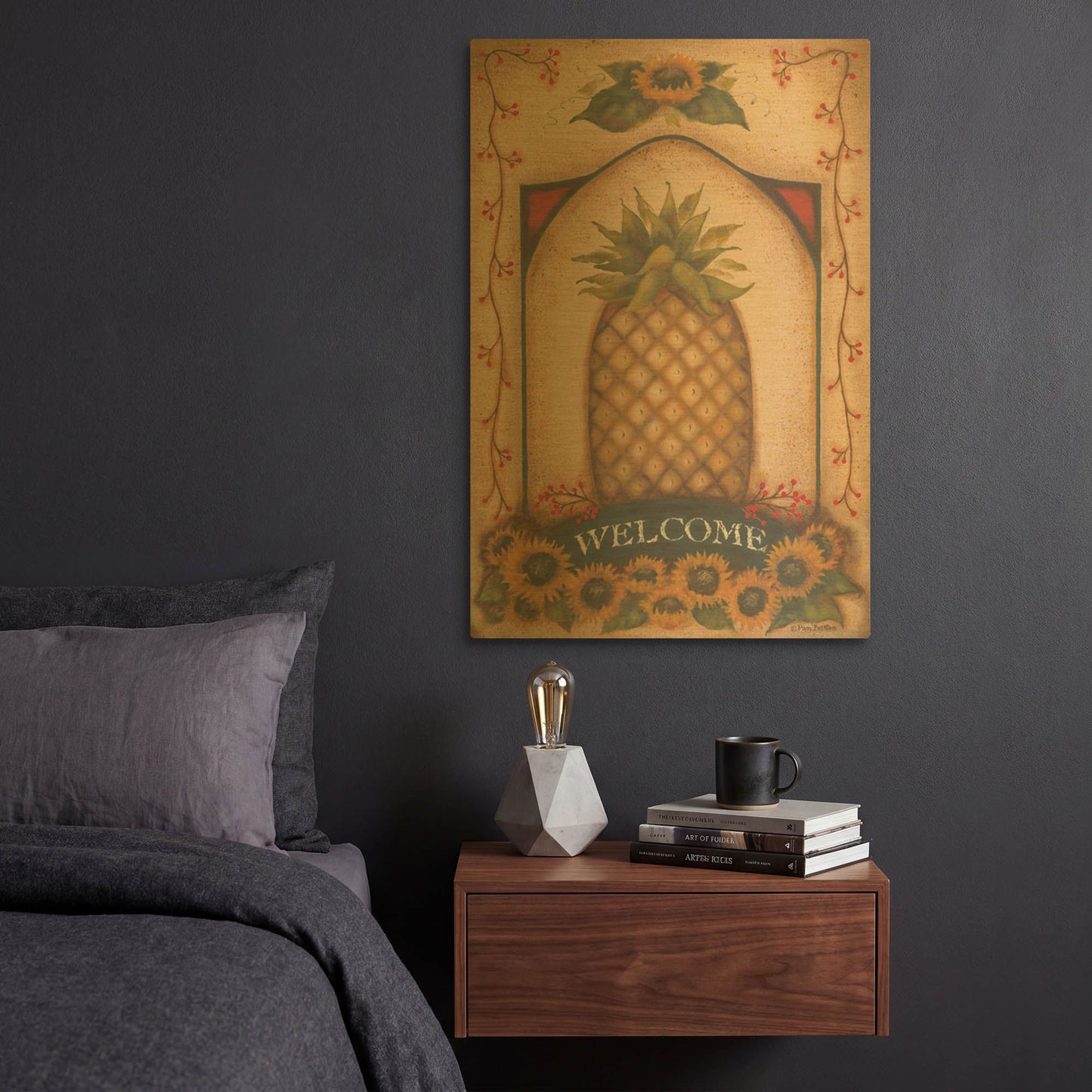 'Welcome Pineapple & Sunflowers' By Pam Britton Gold Metal Wall Art