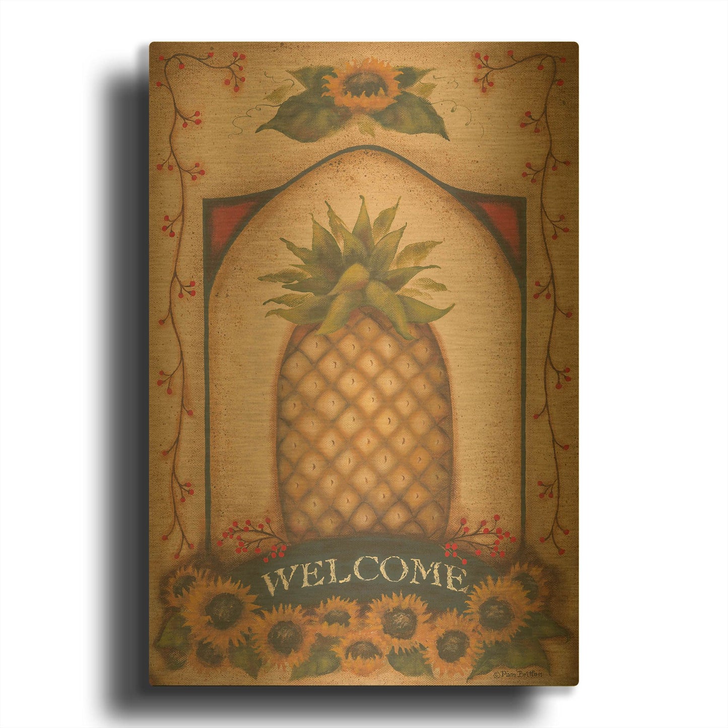 'Welcome Pineapple & Sunflowers' By Pam Britton Gold Metal Wall Art
