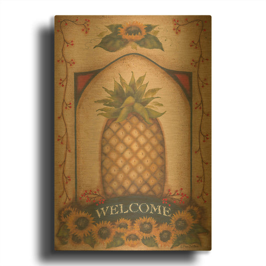 'Welcome Pineapple & Sunflowers' By Pam Britton Gold Metal Wall Art
