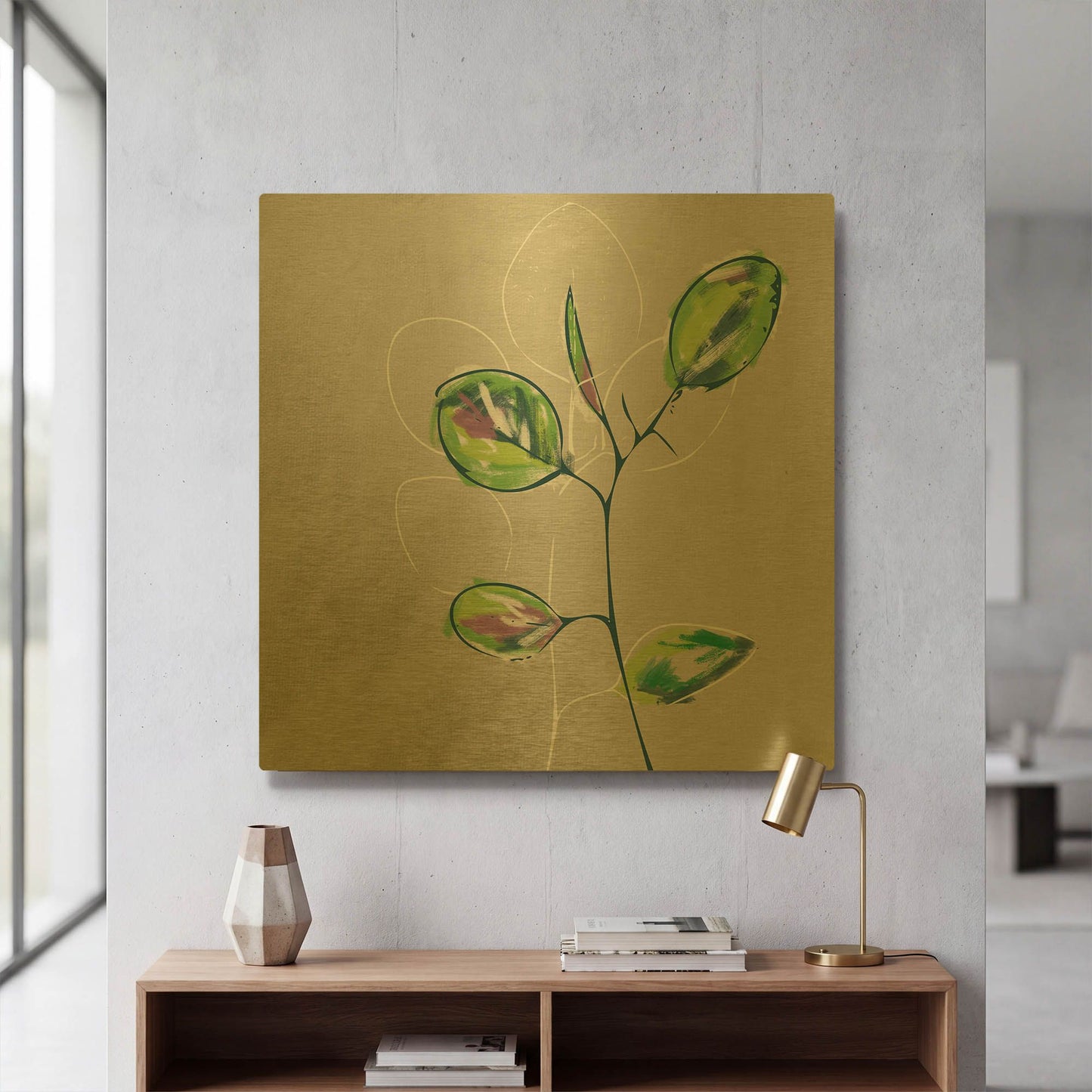 'Eucalyptus on Sand' By Linda Woods Gold Metal Wall Art