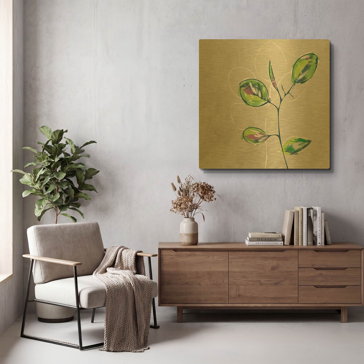 'Eucalyptus on Sand' By Linda Woods Gold Metal Wall Art