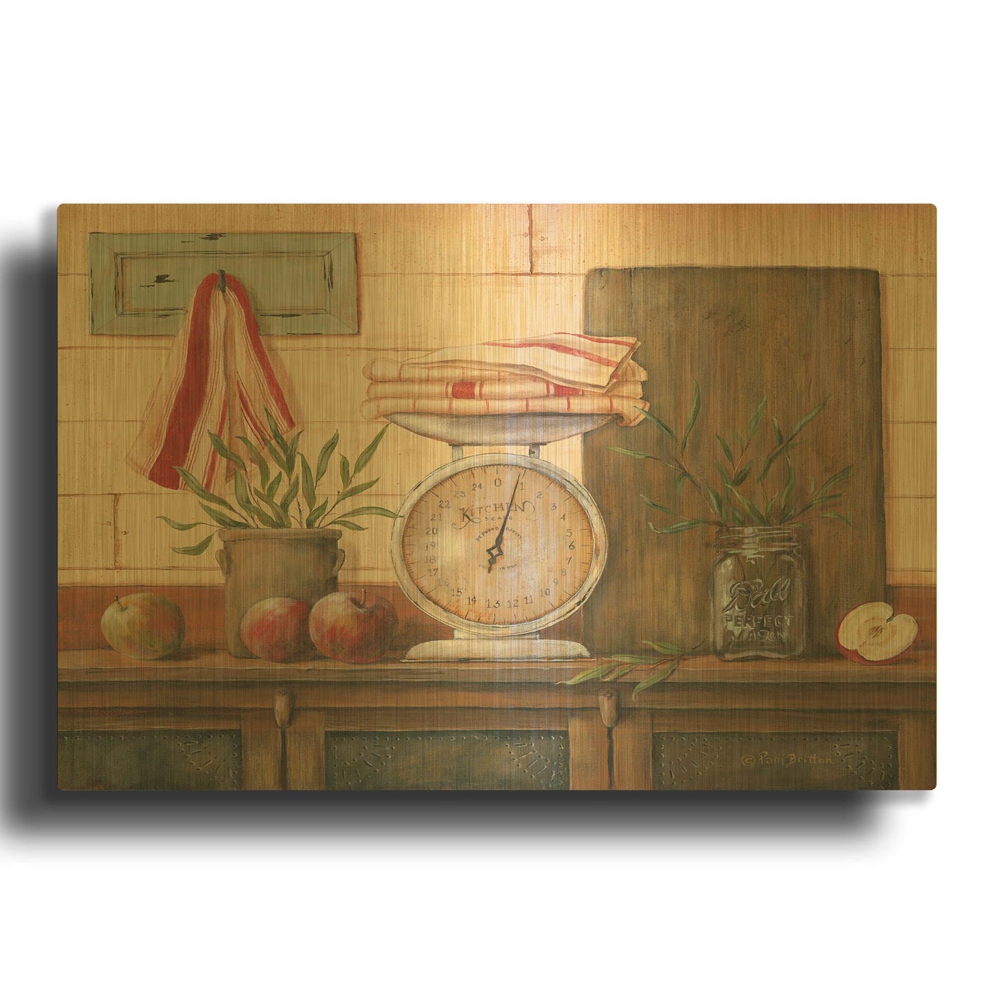 'Apples and Tea Towels I' By Pam Britton Gold Metal Wall Art