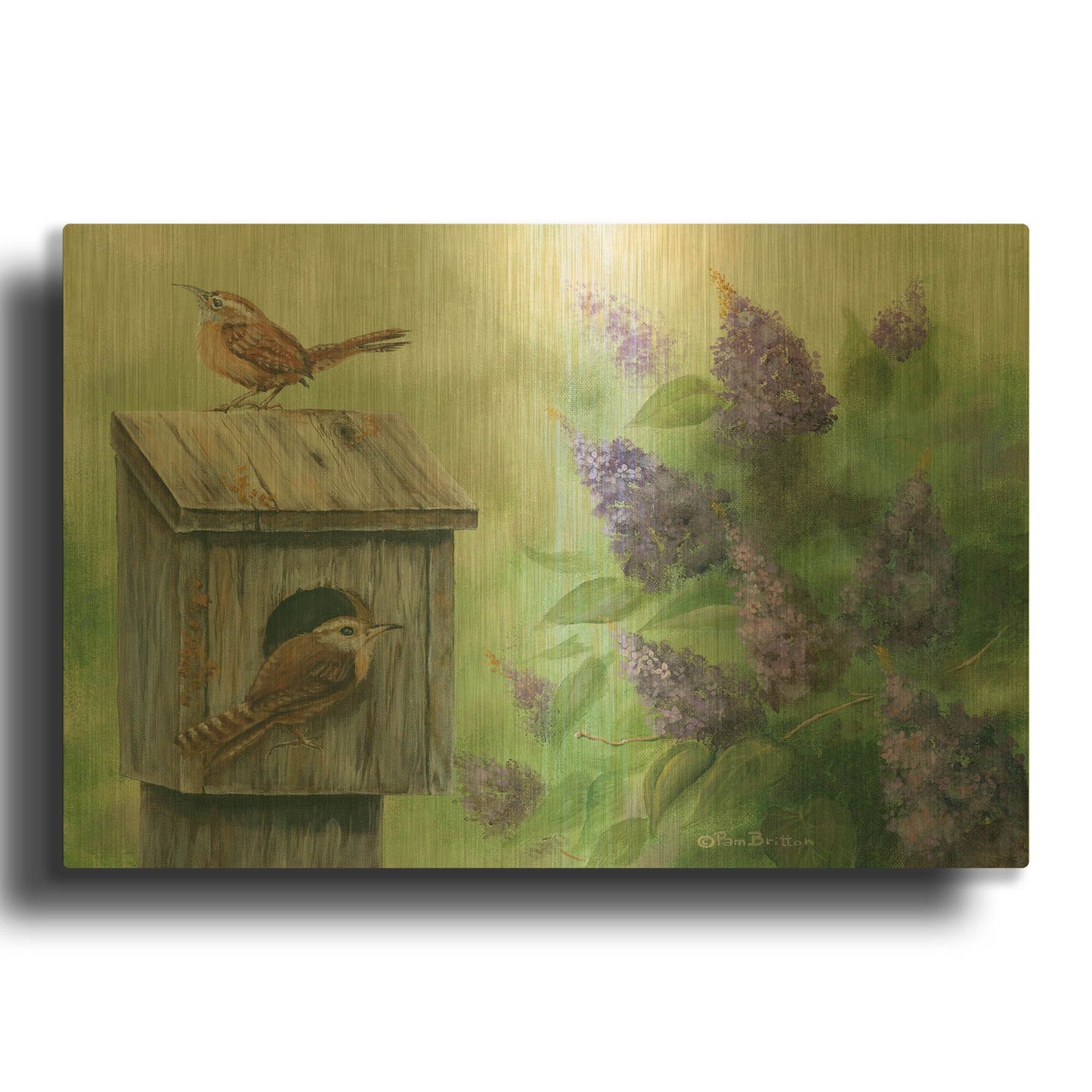'Wrens & Lilacs' By Pam Britton Gold Metal Wall Art