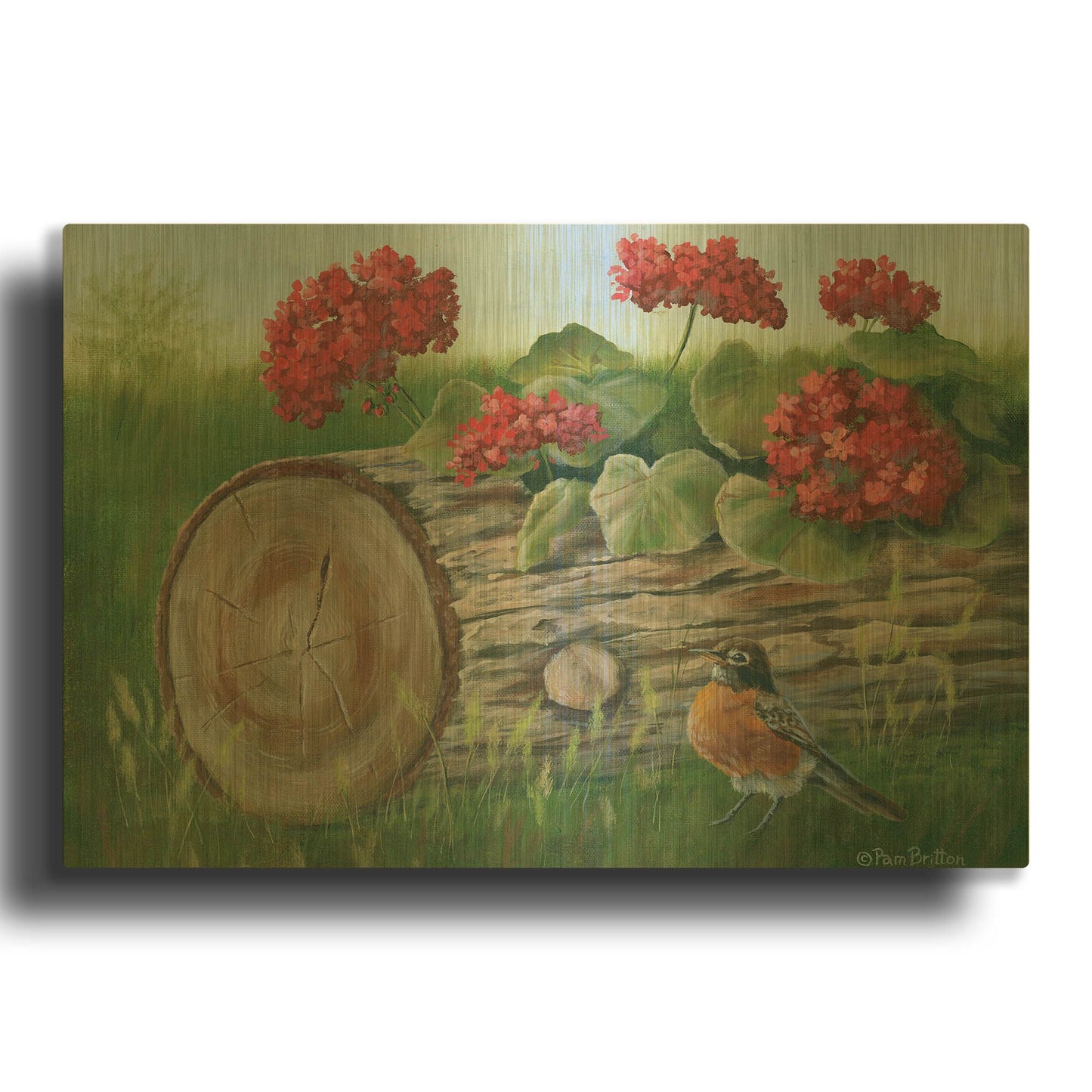 'Robin & Germaniums' By Pam Britton Gold Metal Wall Art