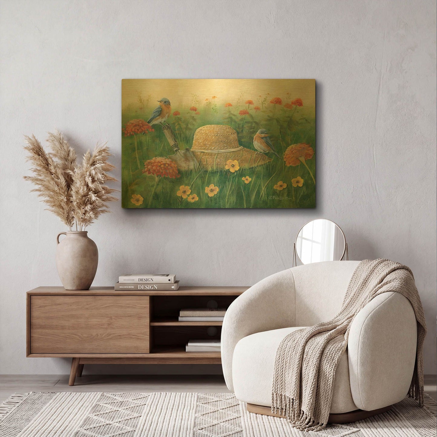'Bluebirds & Straw Hat' By Pam Britton Gold Metal Wall Art