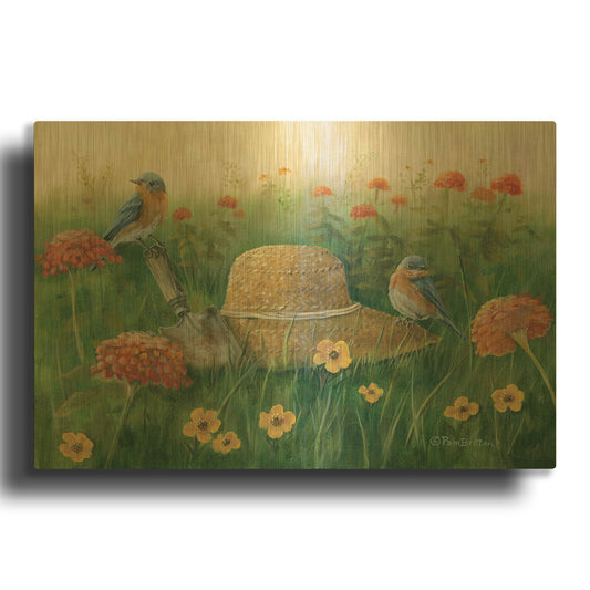 'Bluebirds & Straw Hat' By Pam Britton Gold Metal Wall Art