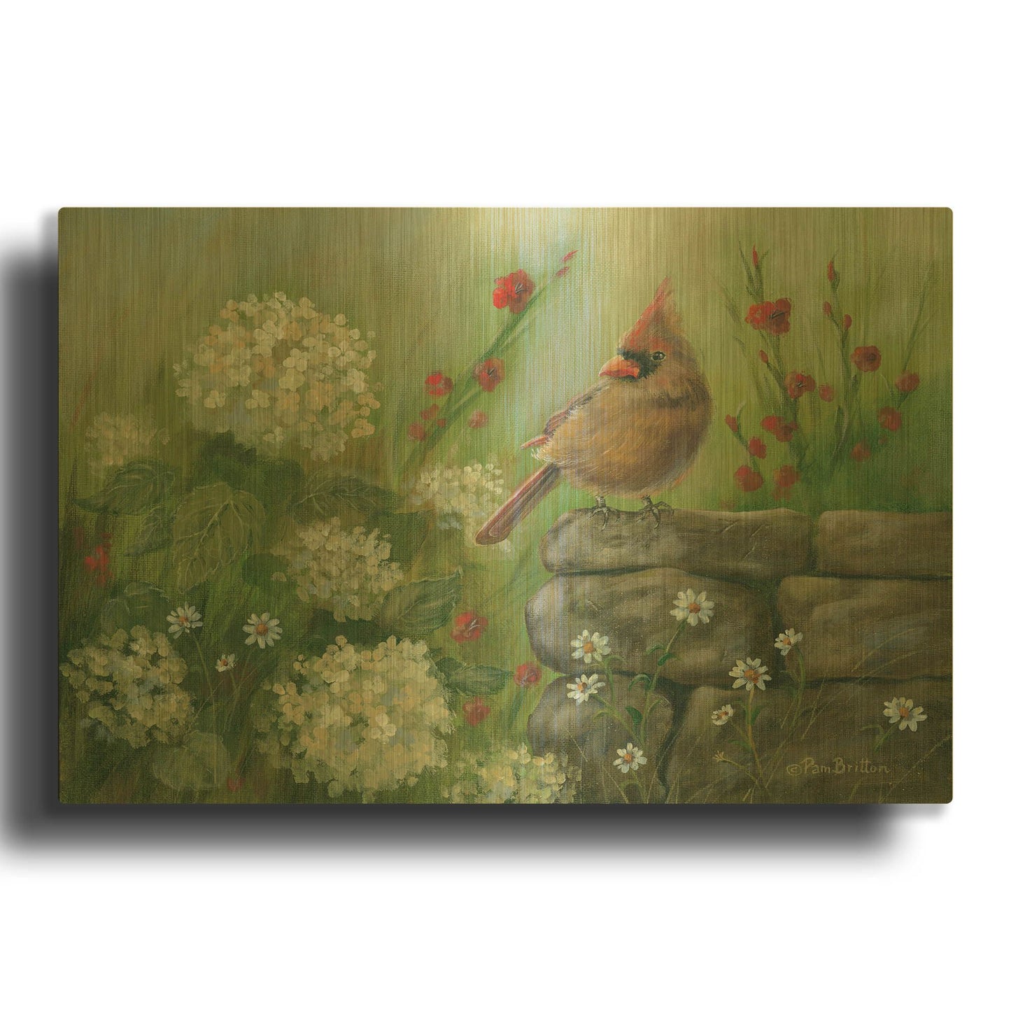 'Cardinal & Hydrangeas' By Pam Britton Gold Metal Wall Art