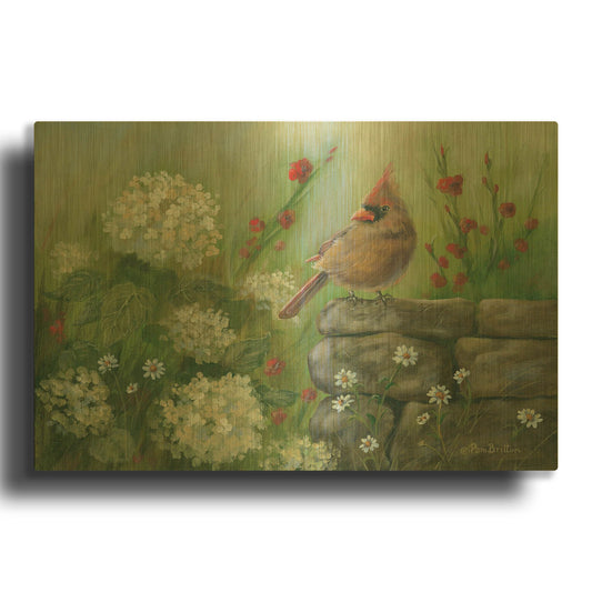 'Cardinal & Hydrangeas' By Pam Britton Gold Metal Wall Art