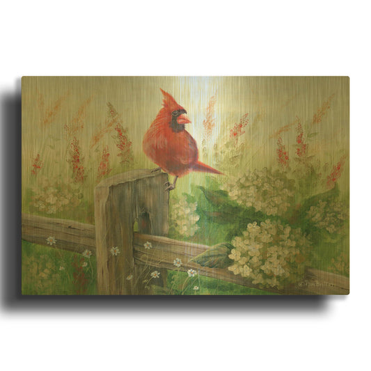 'Cardinal on Fence' By Pam Britton Gold Metal Wall Art