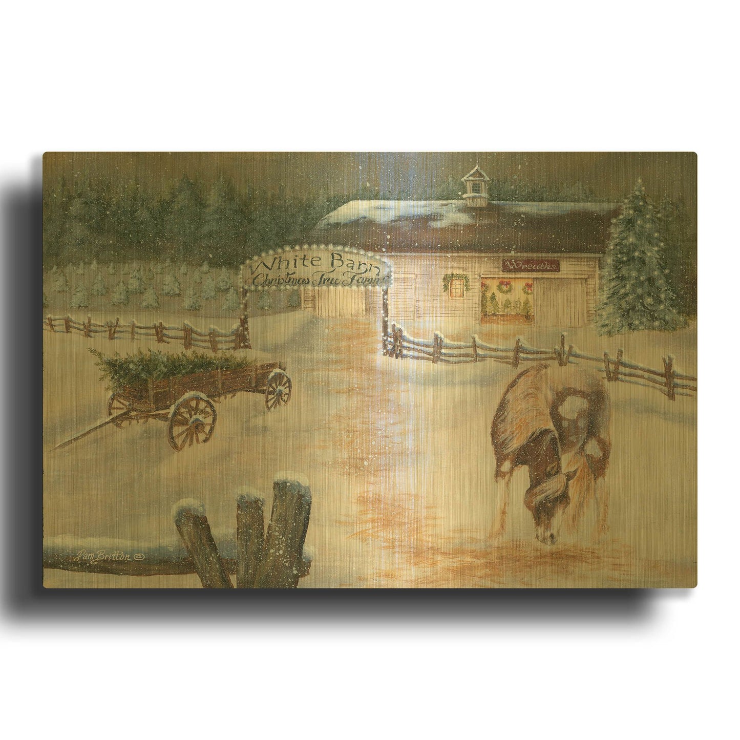 'White Barn Tree Farm' By Pam Britton Gold Metal Wall Art