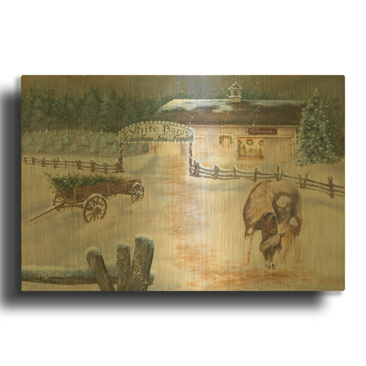 'White Barn Tree Farm' By Pam Britton Gold Metal Wall Art