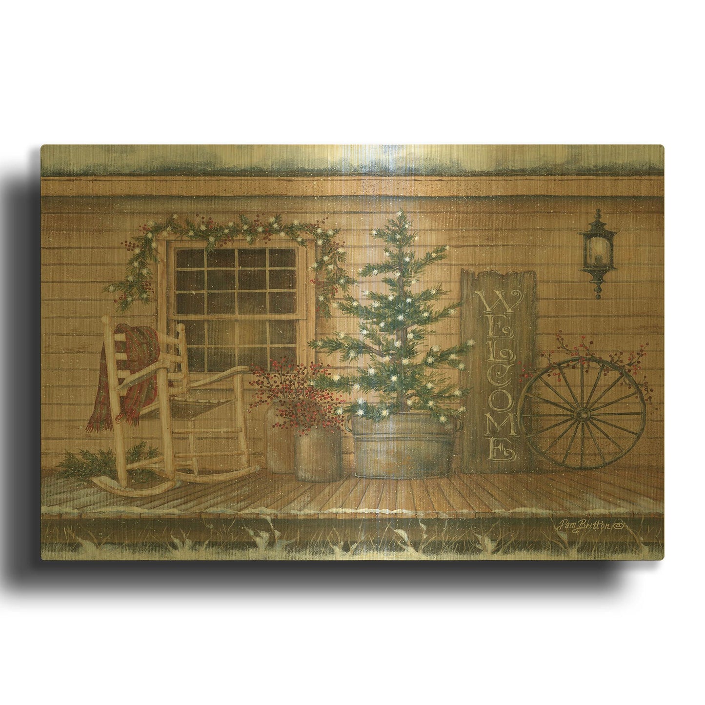 'Winter Country Porch' By Pam Britton Gold Metal Wall Art