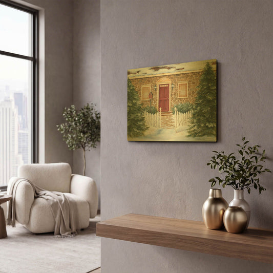 'Stone Cottage Winter Beauty' By Pam Britton Gold Metal Wall Art