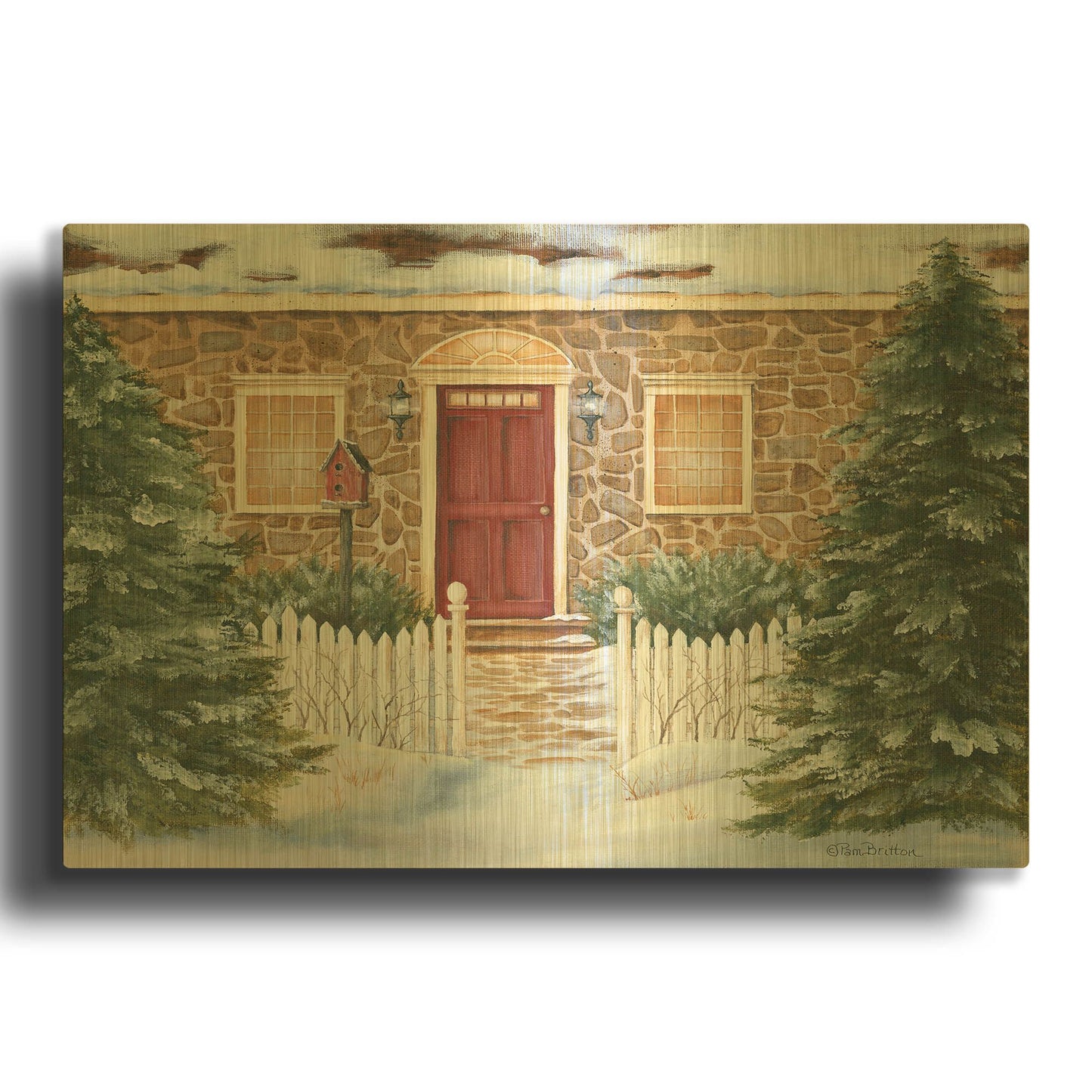 'Stone Cottage Winter Beauty' By Pam Britton Gold Metal Wall Art