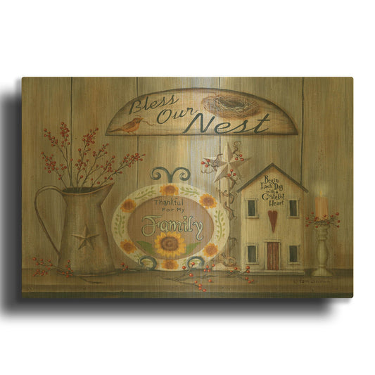 'Bless Our Nest Country Shelf' By Pam Britton Gold Metal Wall Art