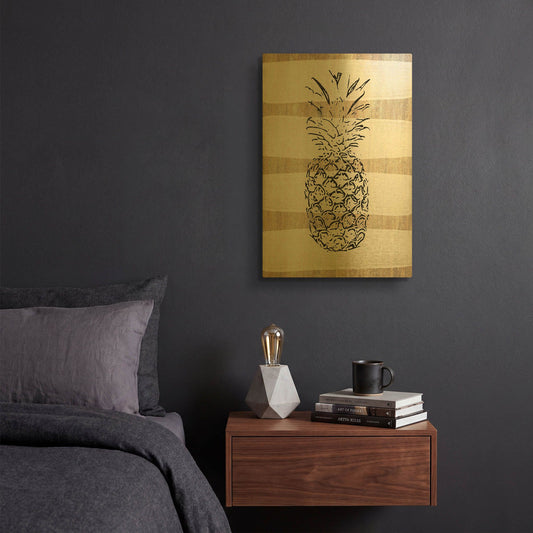 'Simple Stripes Pineapple' By Linda Woods Gold Metal Wall Art