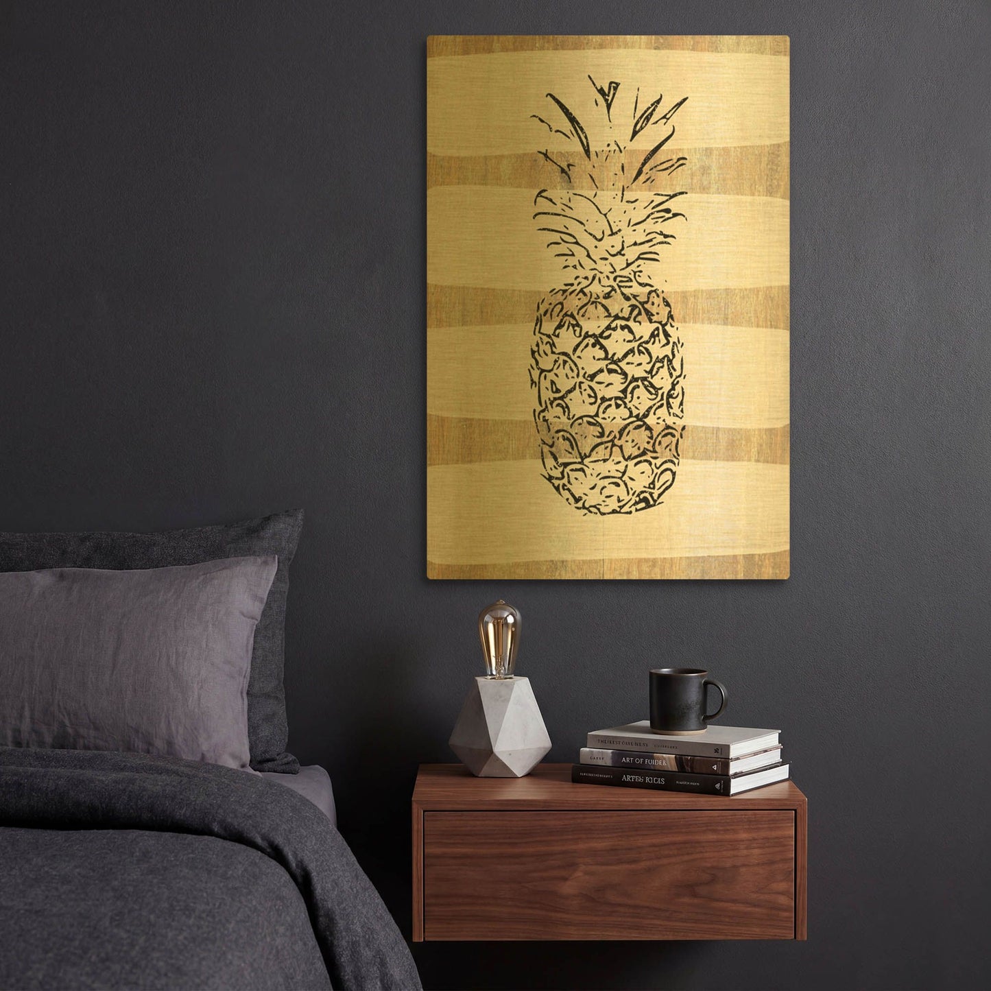 'Simple Stripes Pineapple' By Linda Woods Gold Metal Wall Art