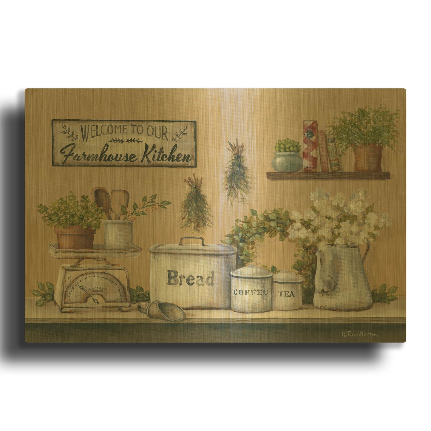 'Garden Farmhouse Kitchen' By Pam Britton Gold Metal Wall Art
