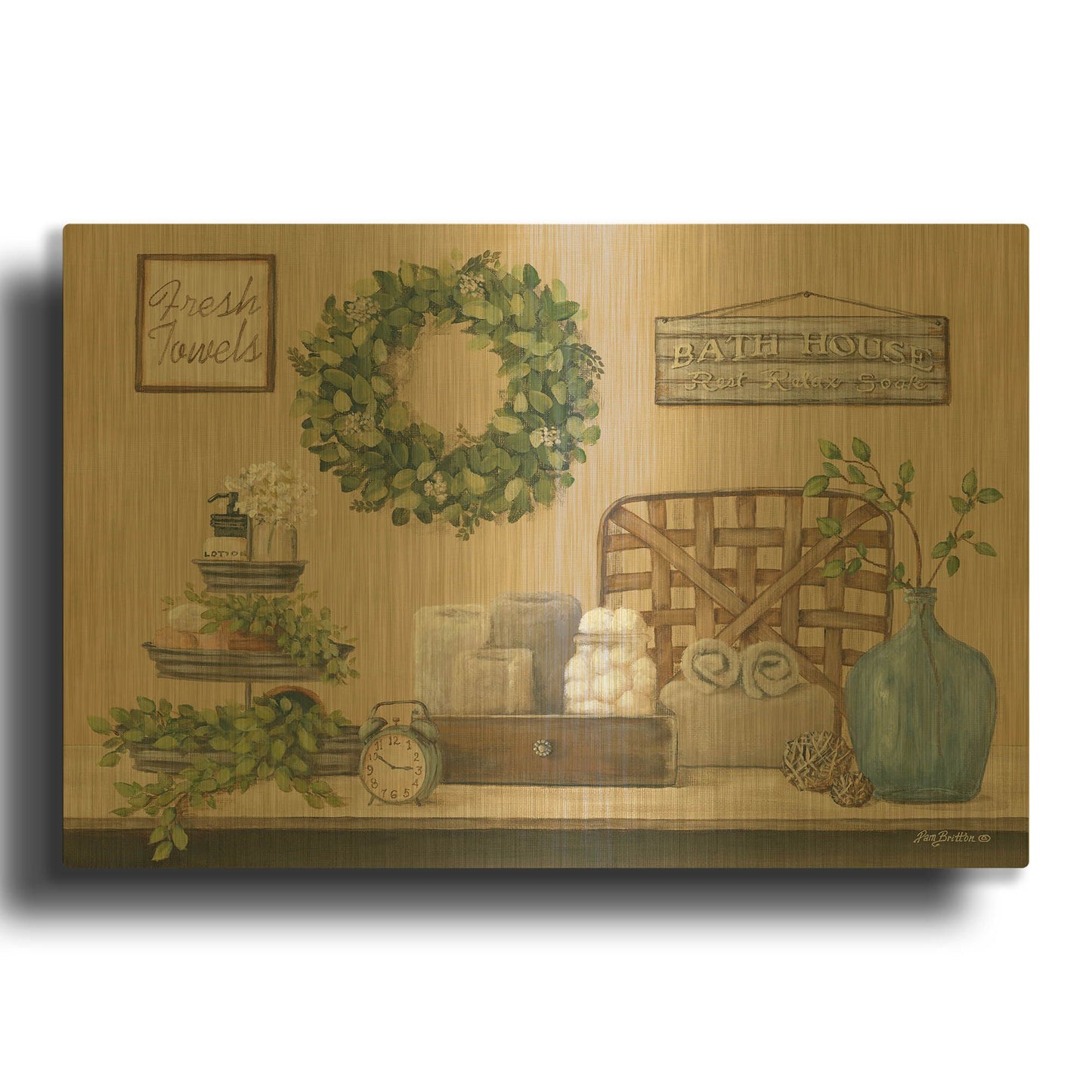 'Farmhouse Bath I' By Pam Britton Gold Metal Wall Art