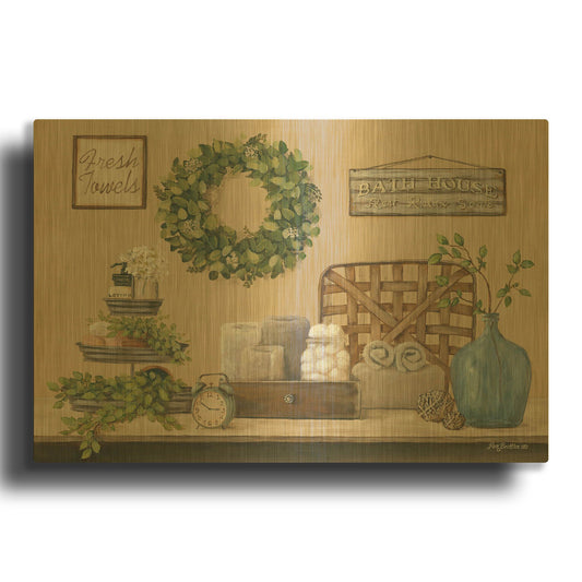 'Farmhouse Bath I' By Pam Britton Gold Metal Wall Art