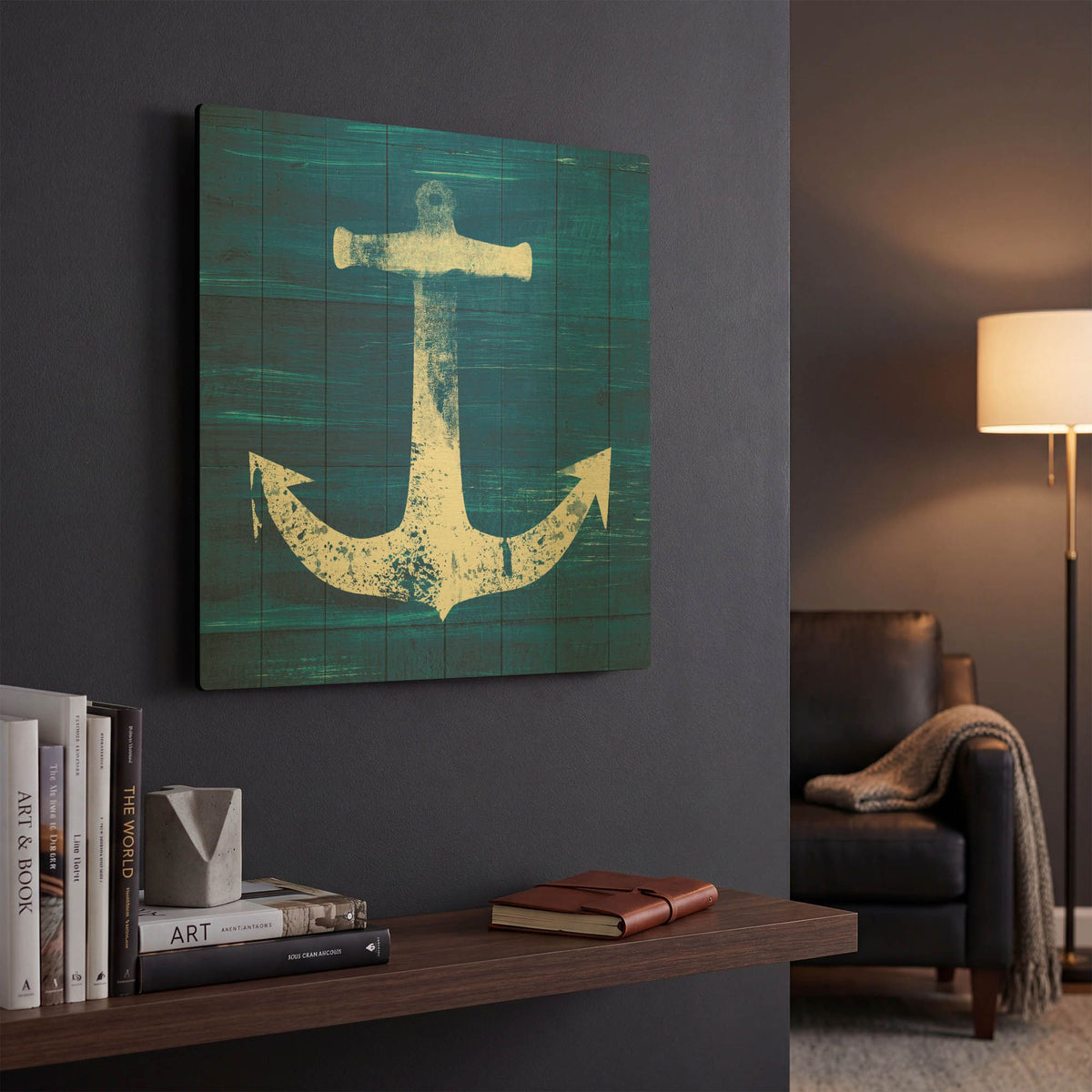'Blue and White Anchor' By Linda Woods Gold Metal Wall Art