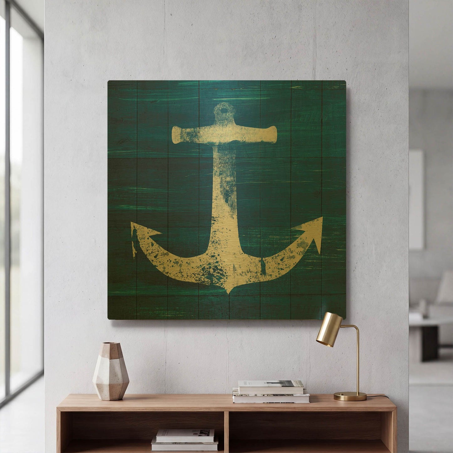 'Blue and White Anchor' By Linda Woods Gold Metal Wall Art