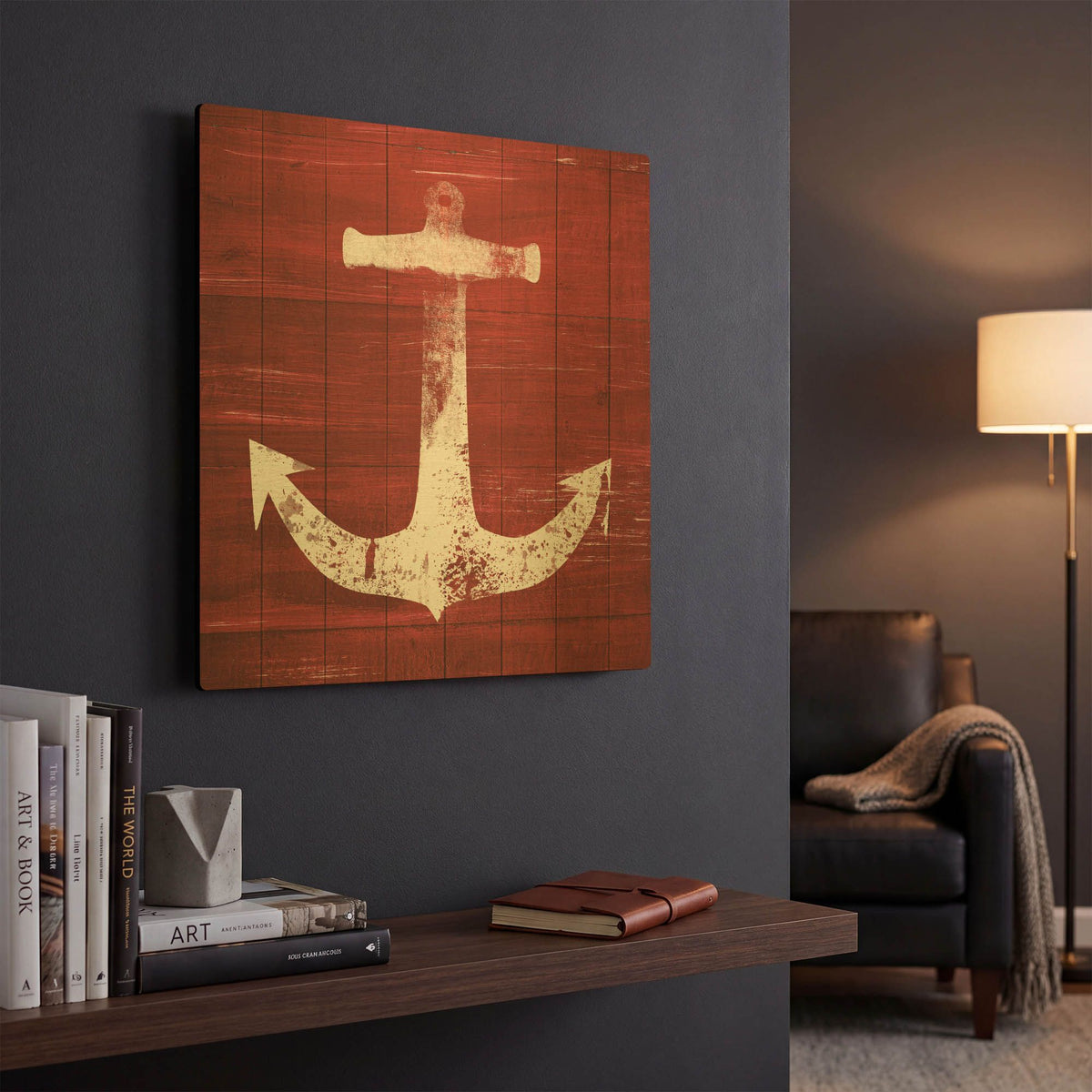 'Red and White Anchor' By Linda Woods Gold Metal Wall Art