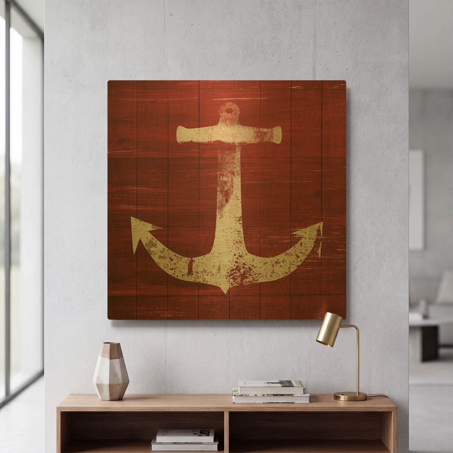 'Red and White Anchor' By Linda Woods Gold Metal Wall Art