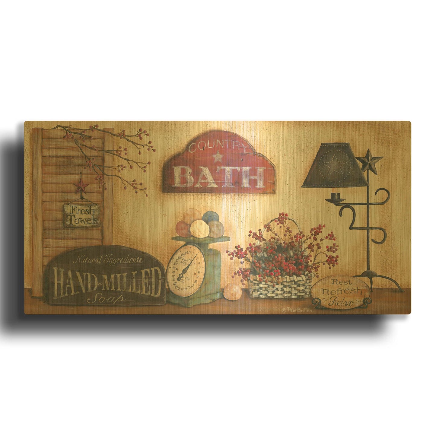 'Country Bath, Rest-Refresh-Relax' By Pam Britton Gold Metal Wall Art