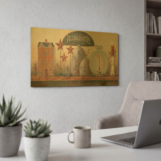 'Primitive Shelf I' By Pam Britton Gold Metal Wall Art