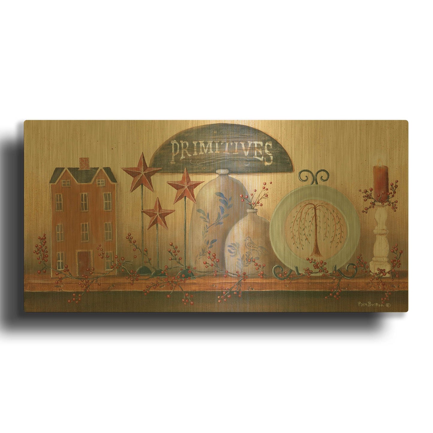 'Primitive Shelf I' By Pam Britton Gold Metal Wall Art