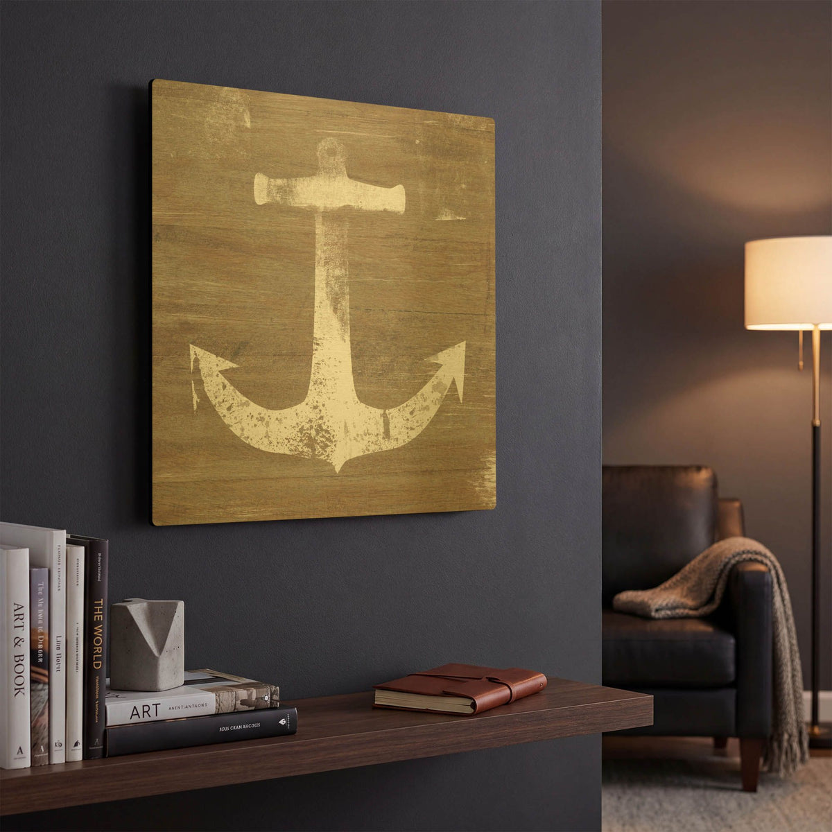 'White Anchor on Natural' By Linda Woods Gold Metal Wall Art