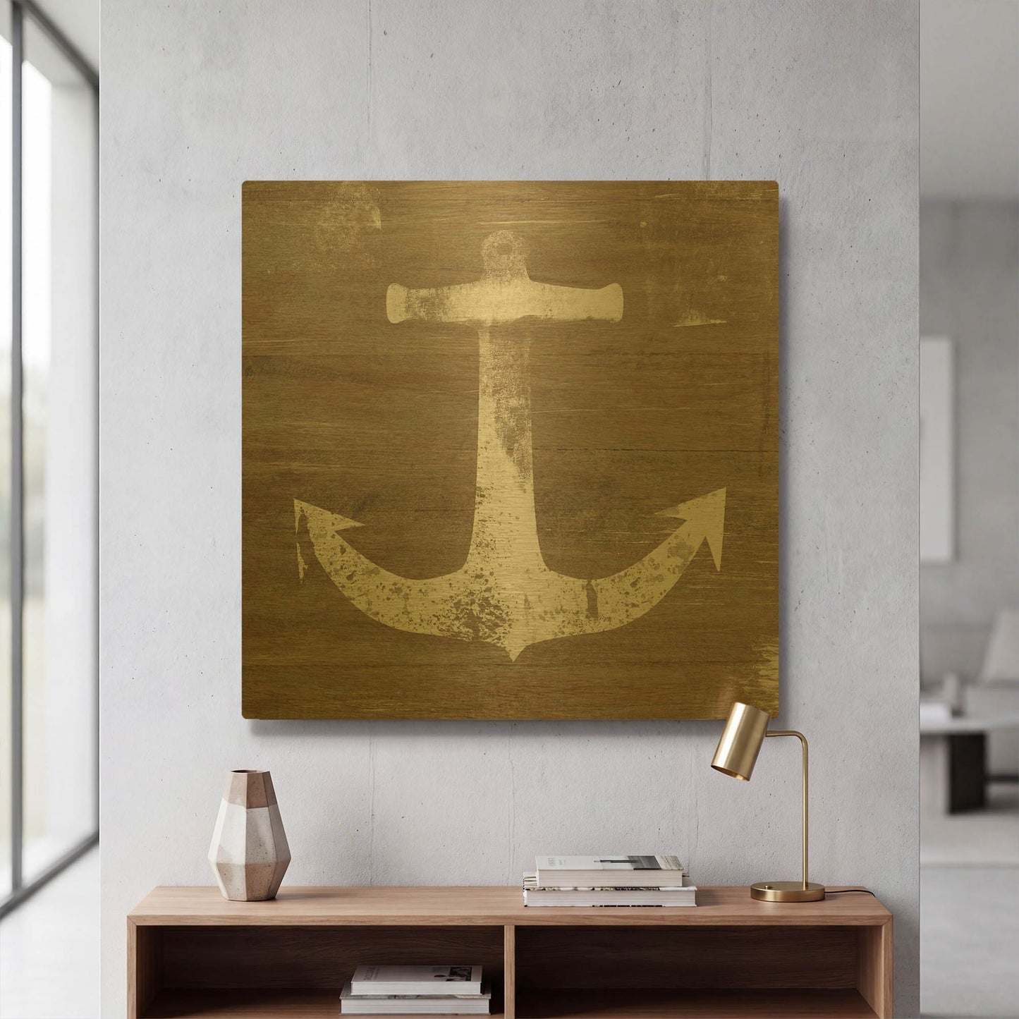 'White Anchor on Natural' By Linda Woods Gold Metal Wall Art