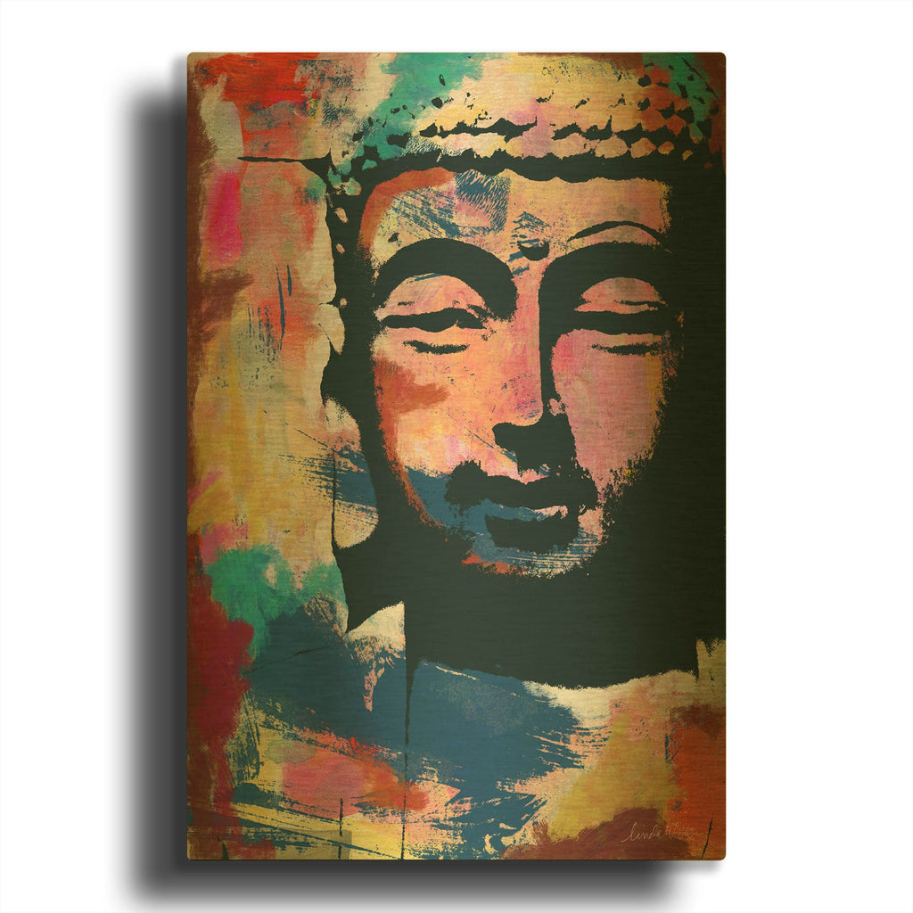 'Painted Buddha II' By Linda Woods Gold Metal Wall Art