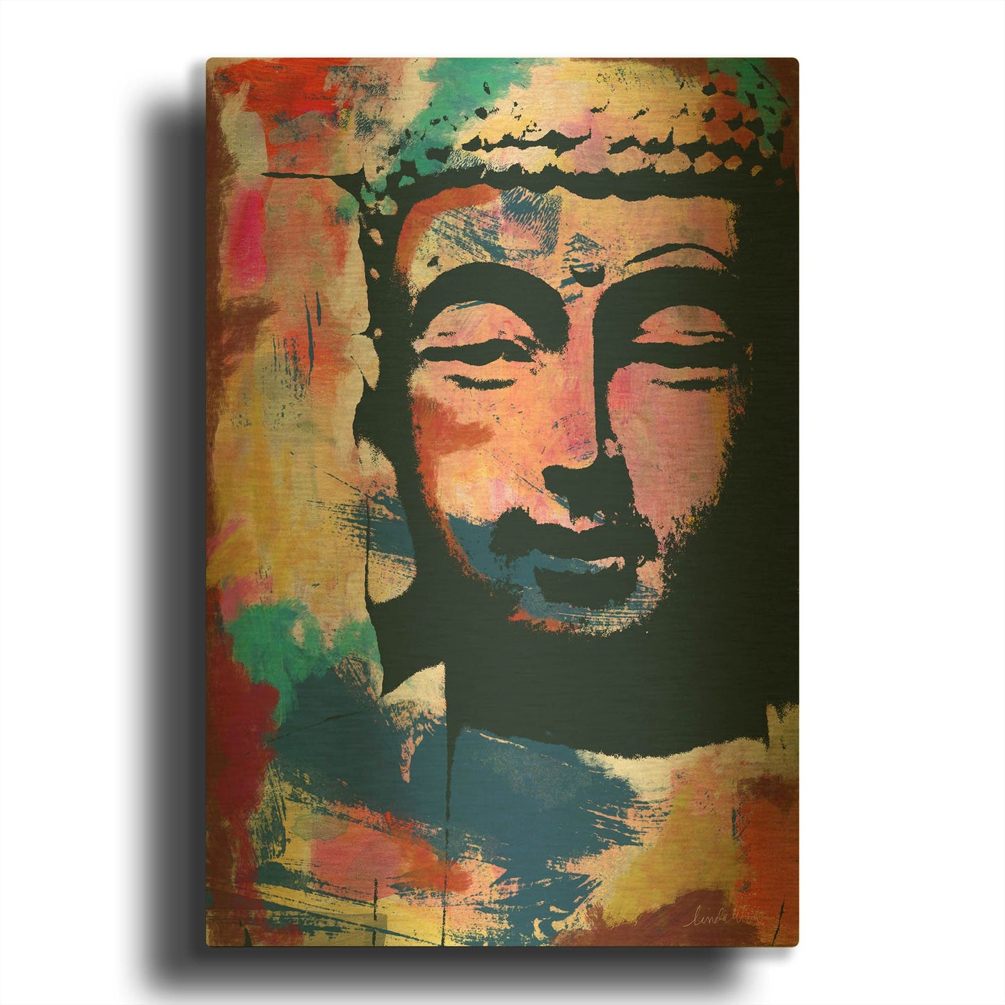 'Painted Buddha II' By Linda Woods Gold Metal Wall Art