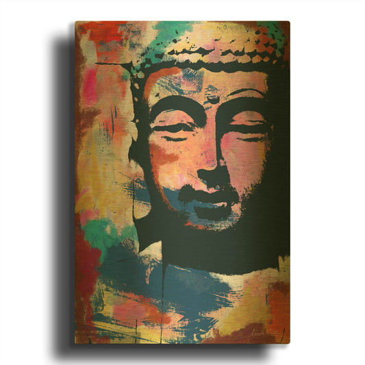 'Painted Buddha II' By Linda Woods Gold Metal Wall Art