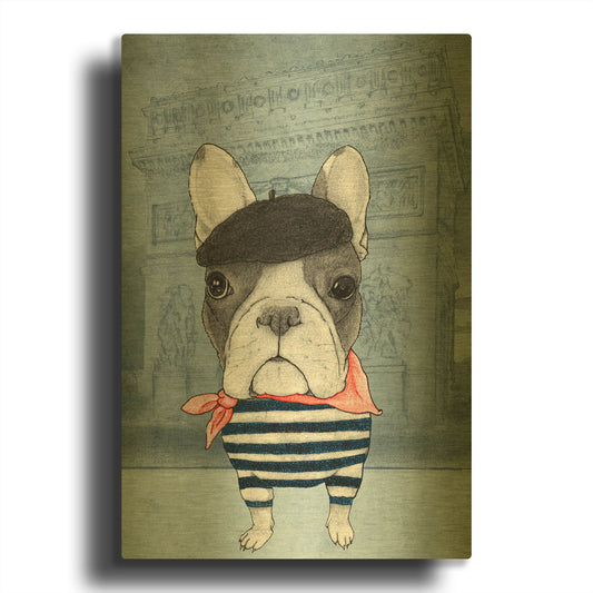 'French Bulldog with Arc de Triomphe' By Barruf Gold Metal Wall Art