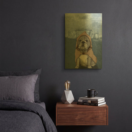 'English Bulldog with Stonehenge' By Barruf Gold Metal Wall Art